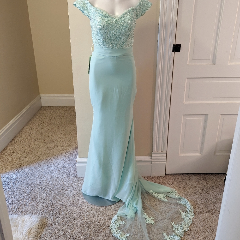 Mint green off the shoulder bridal dress with sheer train size 4